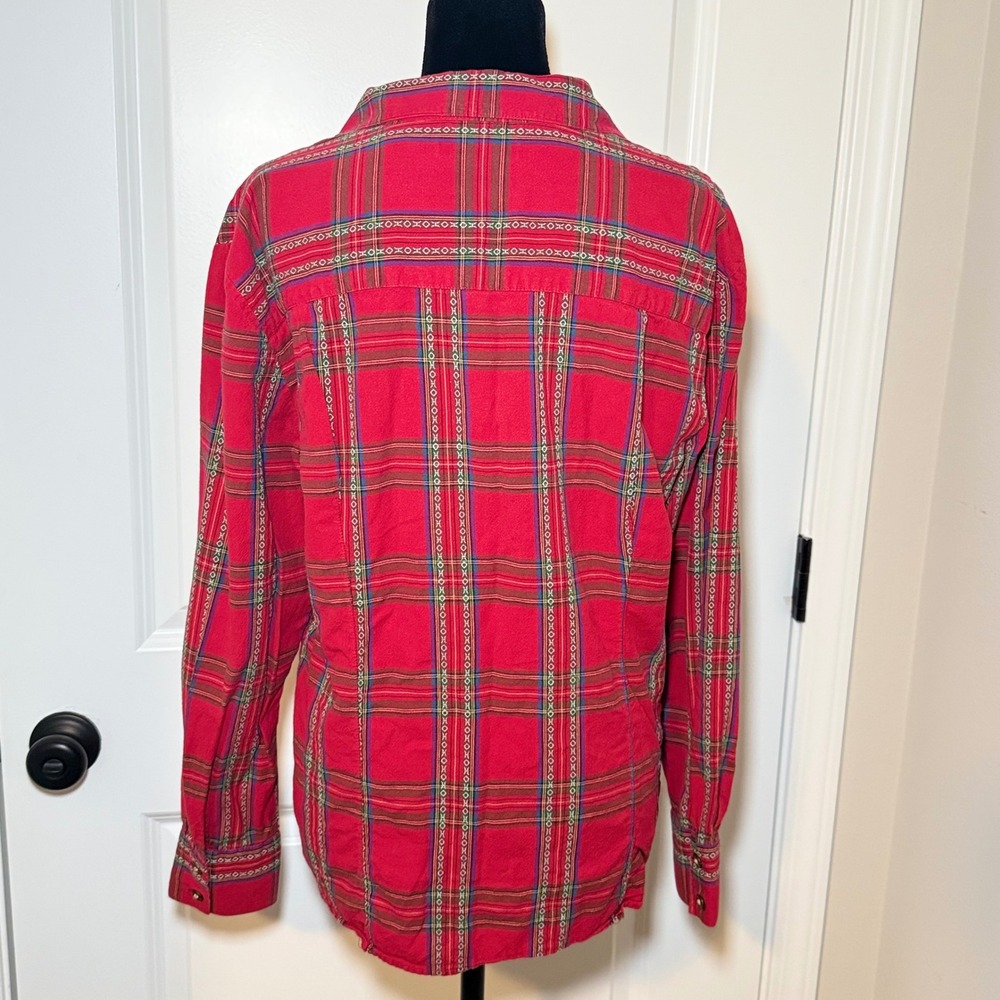 Karen Scott Sport Red Plaid Christmas Embroidered Cute Cotton Shirt Large - Picture 2 of 7